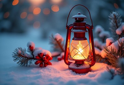 A red lantern glows in the snow on a cold winter evening