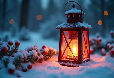 A lantern glows in the snowy woods