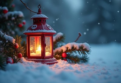 A red lantern sits in the snow, lit by a candle