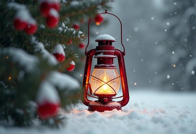 A red lantern glows in the snow on a snowy day