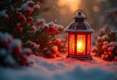 A glowing lantern sits in the snow on a winter evening