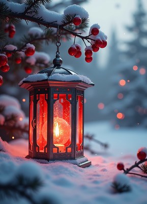 A lantern glows in the snowy woods