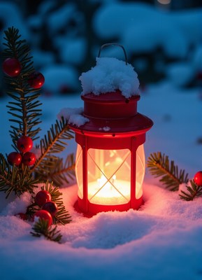 A red lantern sits in the snow on a winter night
