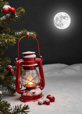 A red lantern sits in the snow with a bright moon overhead