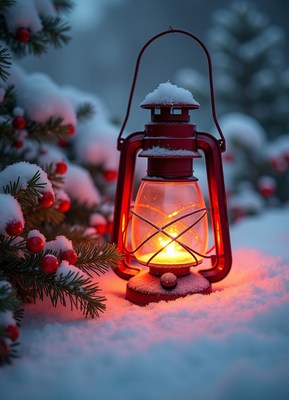 A red lantern sits in the snow on a winter evening