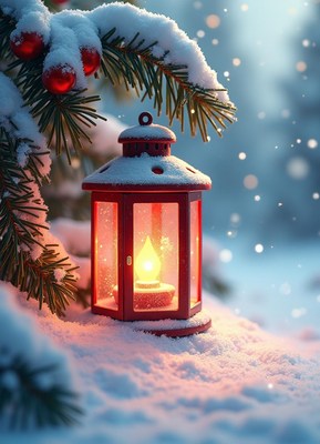 A red lantern glows in the snow on a winter night