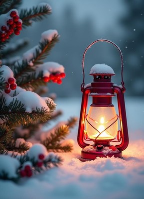 A red lantern glows in the snow during a winter evening