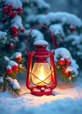 Red lantern shines near snowy evergreen