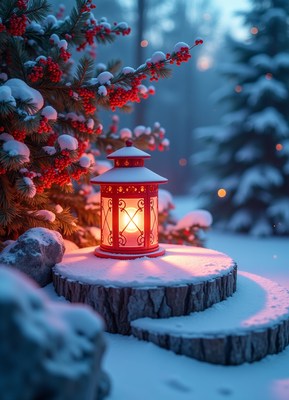 Red lantern on snowy stump in winter forest