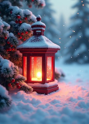 A red lantern glows in the snow on a winter evening
