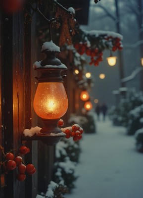 A snowy lamppost glows in a wintery alleyway
