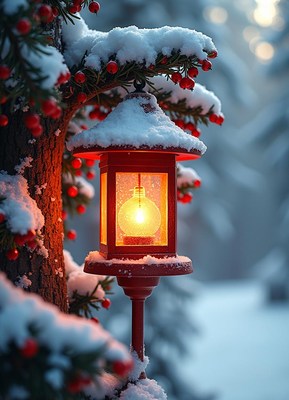 A red lantern glows in the snow-covered forest