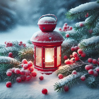 A red lantern glows in the snow