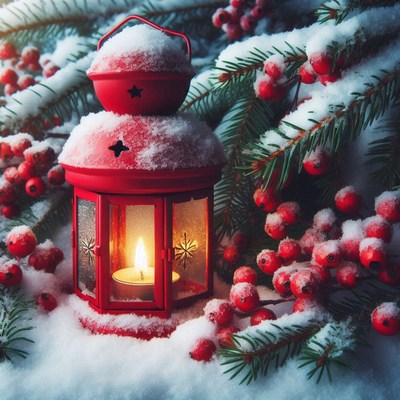 A red lantern glows in the snowy evergreen
