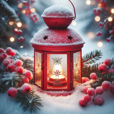 A red lantern glows in the snow