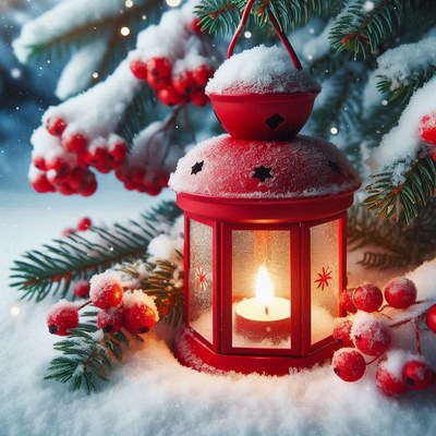 A red lantern, covered in snow, sits on a snowy surface