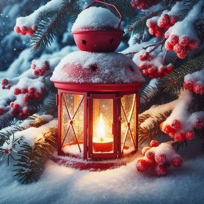 Red lantern shines in snow with winter berries