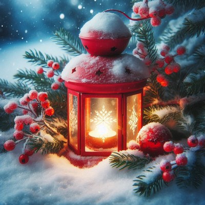 A red lantern glows in the snow