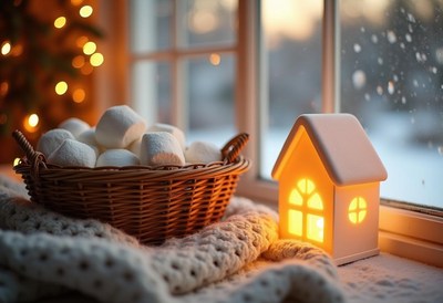 A basket of marshmallows sits by a window on a snowy day