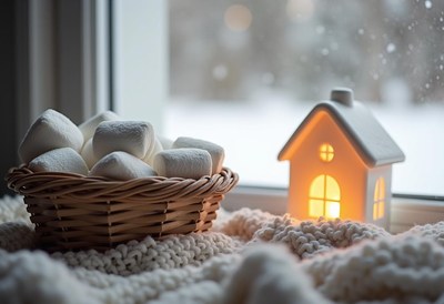 Basket of marshmallows by a house figurine