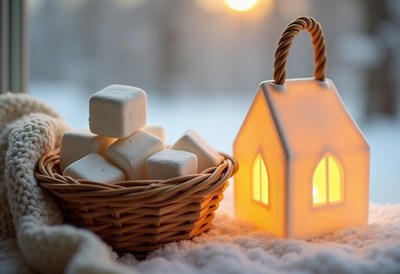A basket of marshmallows by a lantern on snow