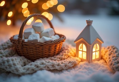Marshmallows on a blanket in the snow