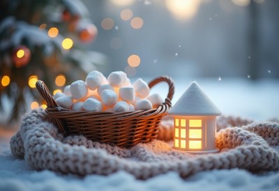 Cozy winter scene: marshmallows and a warm home
