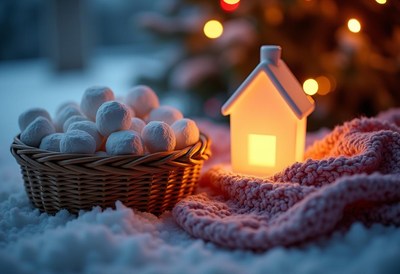 A wicker basket filled with white snowballs sits in the snow