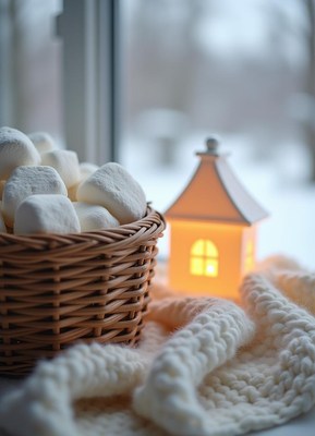 Marshmallows in a basket by a window