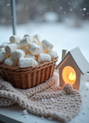 Marshmallows on a blanket by a snowy window