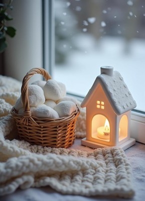 Marshmallows on a windowsill by a lit candle