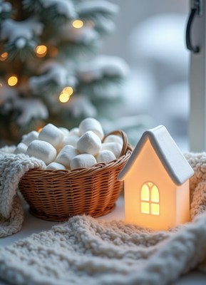 Marshmallows by a candle on a blanket