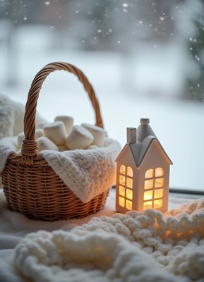 A basket of marshmallows sits by a window on a snowy day
