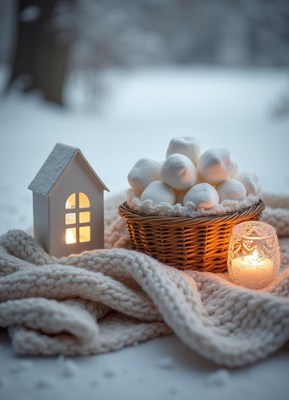 Cozy winter: small house, marshmallows, lit candle
