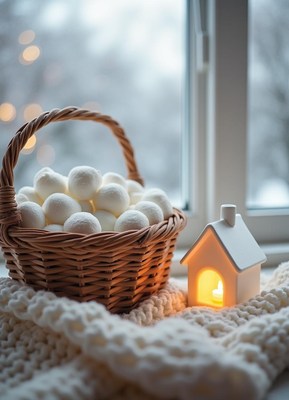 A wicker basket of white balls rests on a blanket