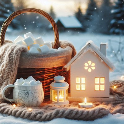Marshmallows in the snow await a cozy night