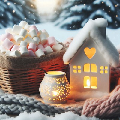 Cozy winter scene: marshmallows, candles, lantern