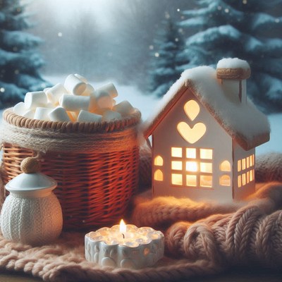 Cozy winter scene: basket of marshmallows, candle, house