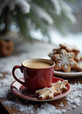 A red mug of coffee and gingerbread cookies on a snowy day