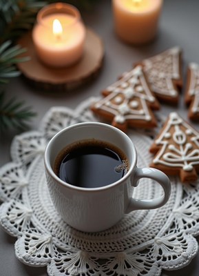 A white cup of coffee sits on a white doily