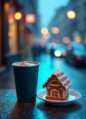 Gingerbread house and coffee on a city table