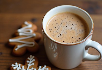 A cup of coffee with gingerbread cookies on a wooden table
