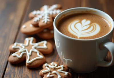 A cup of coffee with latte art and gingerbread cookies
