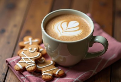 A cup of latte with gingerbread cookies