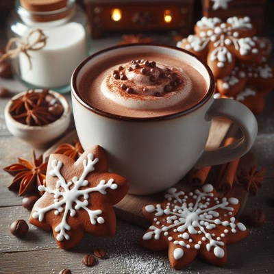 A cozy cup of hot cocoa with snowflake cookies