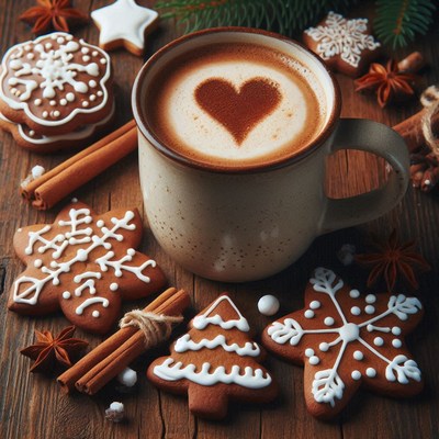 Coffee with gingerbread cookies and cinnamon sticks