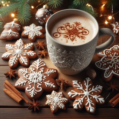 A mug of hot cocoa sits next to festive snowflake cookies
