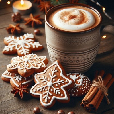 Cocoa with gingerbread cookies and cinnamon sticks