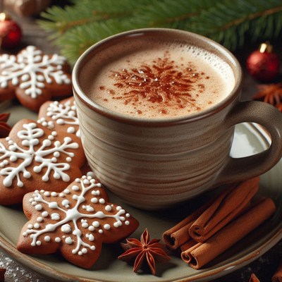 Cocoa with gingerbread and cinnamon sticks