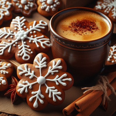 Gingerbread cookies and a mug of hot cocoa on a table